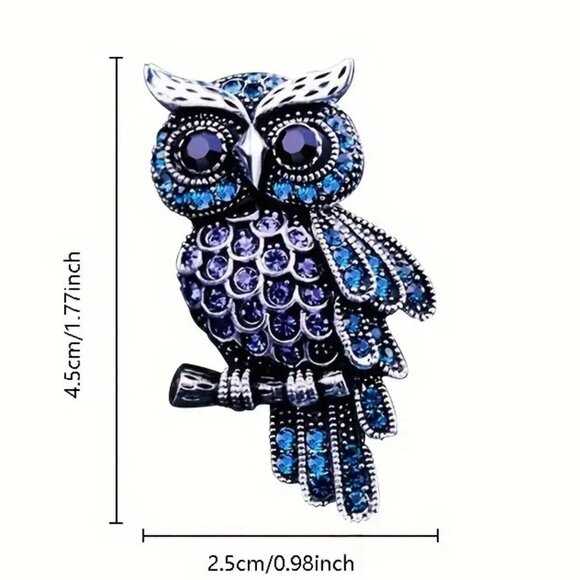 Owl Brooch Blue Rhinestone Pin SIlver Bird Gems Eyes Hoot Hollywood Glam Sparkle - Picture 5 of 5
